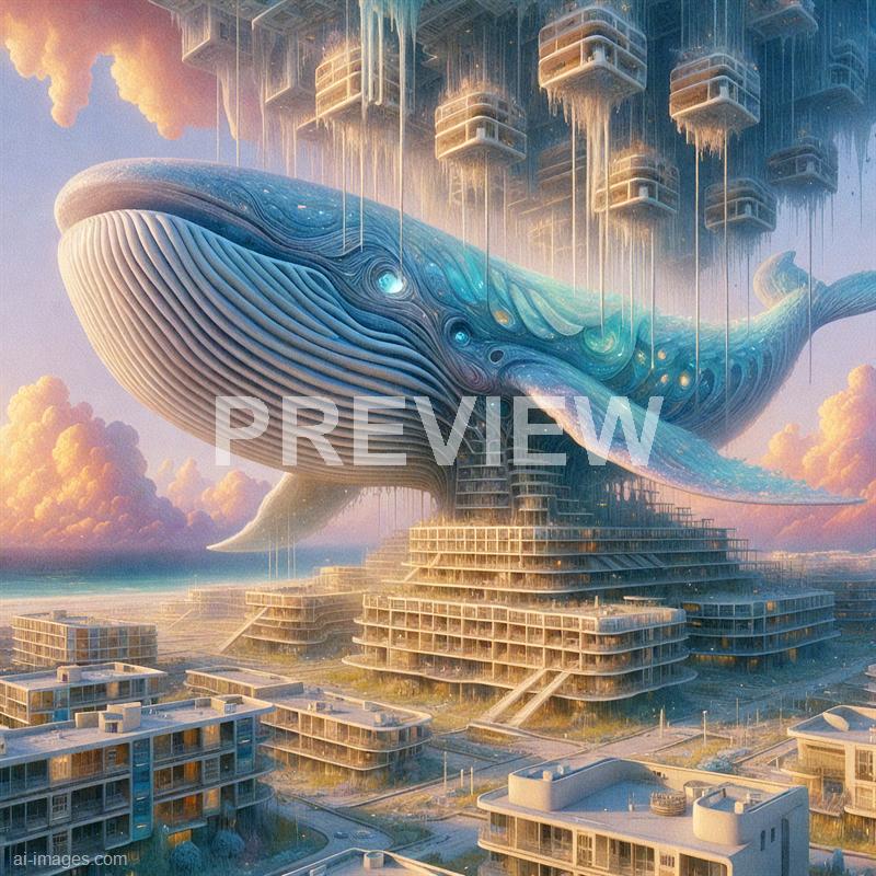 A highly imaginative, futuristic cityscape features a colossal, whale-like creature integrated into the architecture, with the whale's body seamlessly blending into the buildings. The structures are modern, with multiple levels, terraces, and a grid-like design, and are suspended with some floating above the ground, connected by vertical elements. The scene is set during a time with a pastel-colored sky, with soft clouds and a warm glow illuminating the entire environment, creating a surreal and fantastical atmosphere.